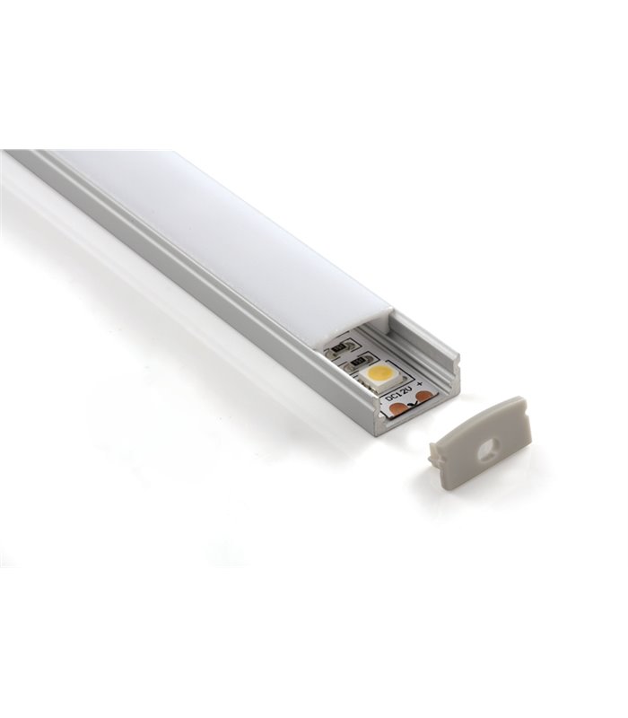 Perfil de aluminio superficie 17x8x2000mm con difusor opal, grapas y tapones