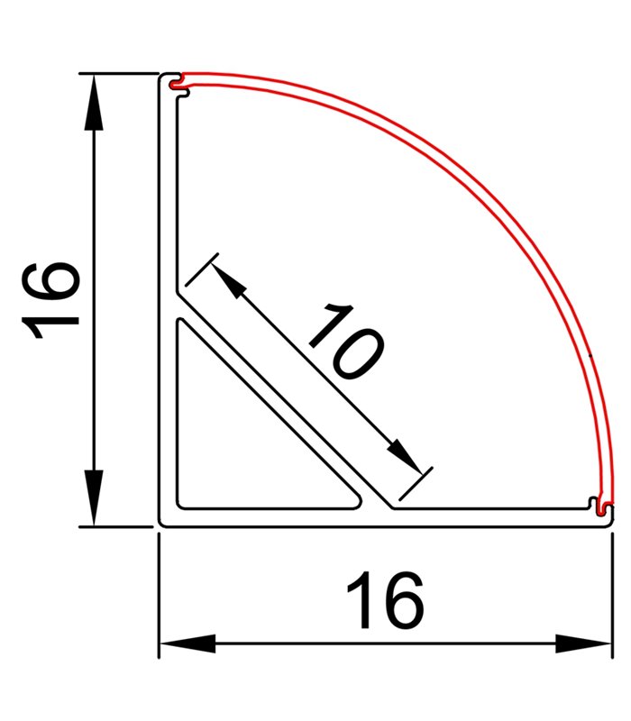 Perfil de aluminio d'angle 45º 16x16x2000mm con difusor opal, grapas y tapones
