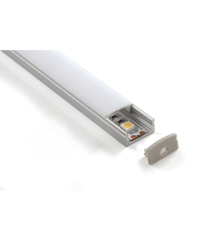 Perfil de aluminio superficie 17x8x2000mm con difusor opal, grapas y tapones