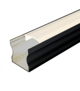 Perfil de aluminio negro superficie 17x15x2000mm con difusor opal, grapas y tapones