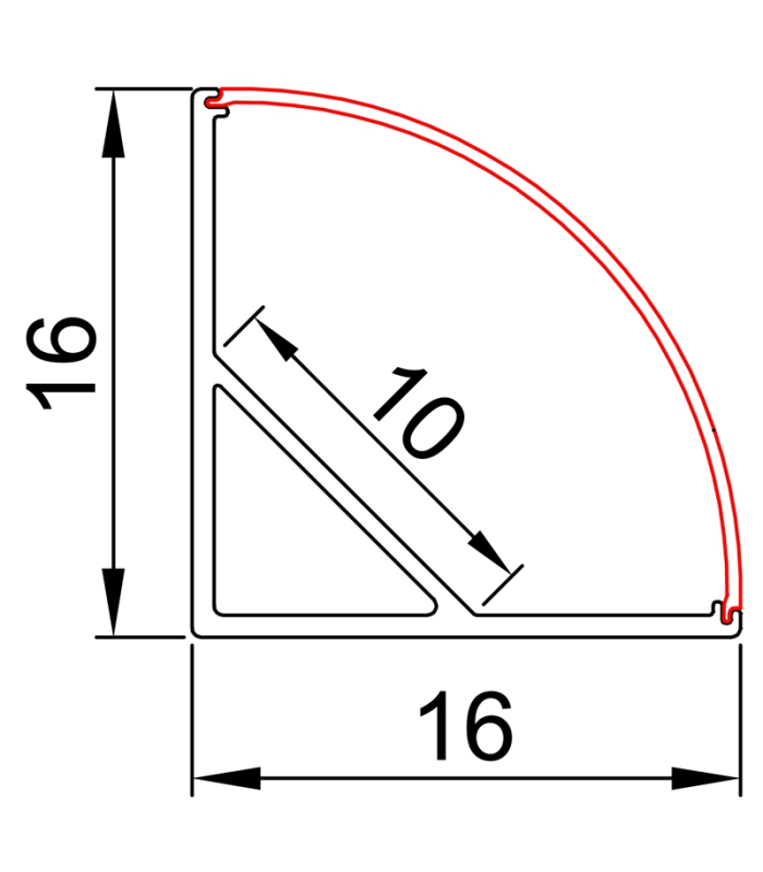 Perfil de aluminio d'angle 45º 16x16x2000mm con difusor opal, grapas y tapones