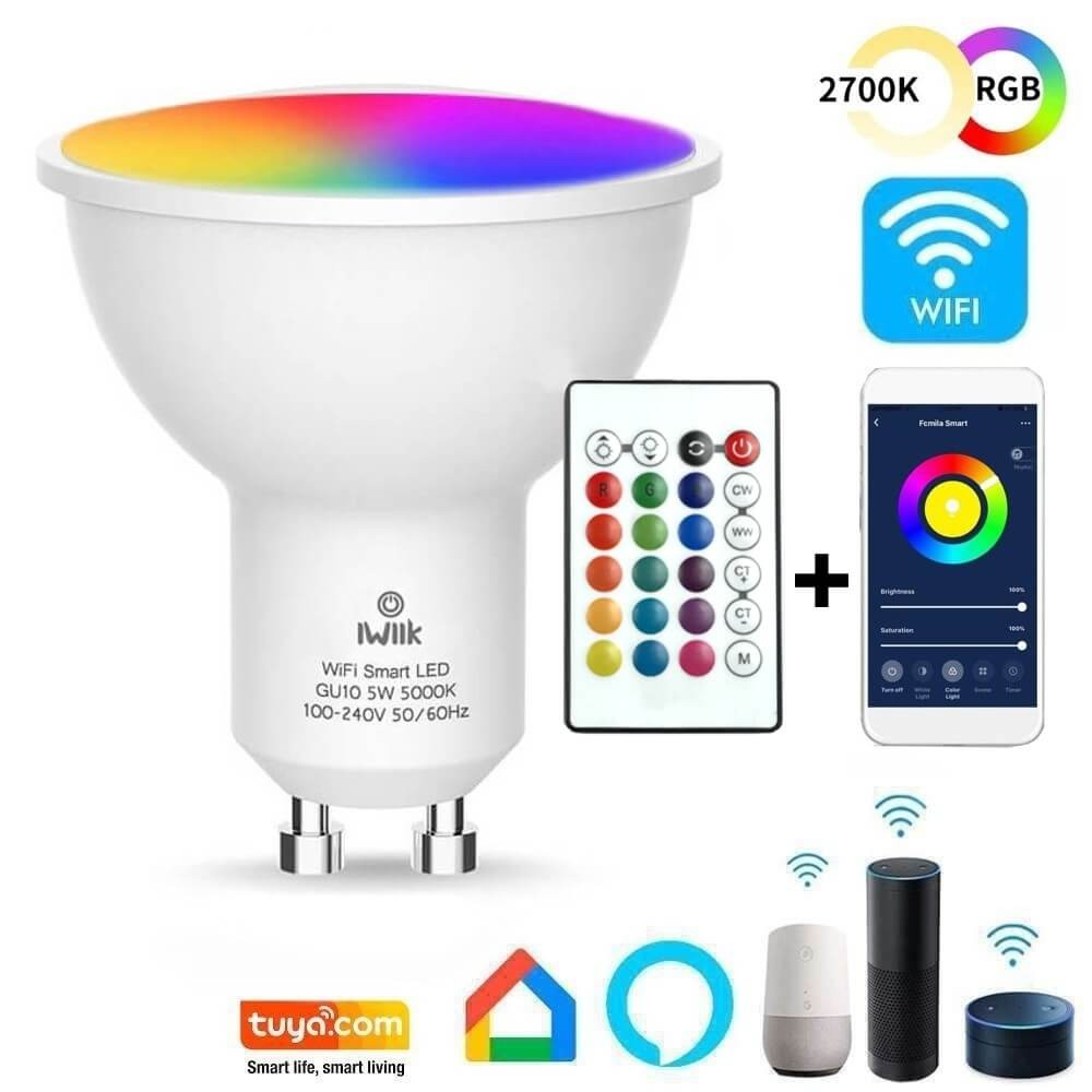 Lámpara LED GU10 5W RGB+CCT Smart WiFi TUYA control por Alexa/Google